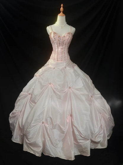 Robe de bal modeste, bretelles fines, rose poudré avec perles, sans manches, longue, pour Robe de bal douce 16 ans, Dix-sept, Robe de Quinceañera RB3573