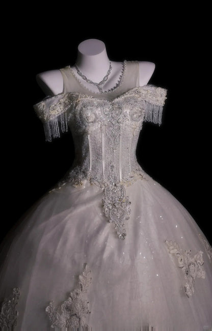 Vintage Wedding Dress Ball Gown Off Shoulder Tulle Lace White With Sleeves Bridal Gown for Big Day RB9911