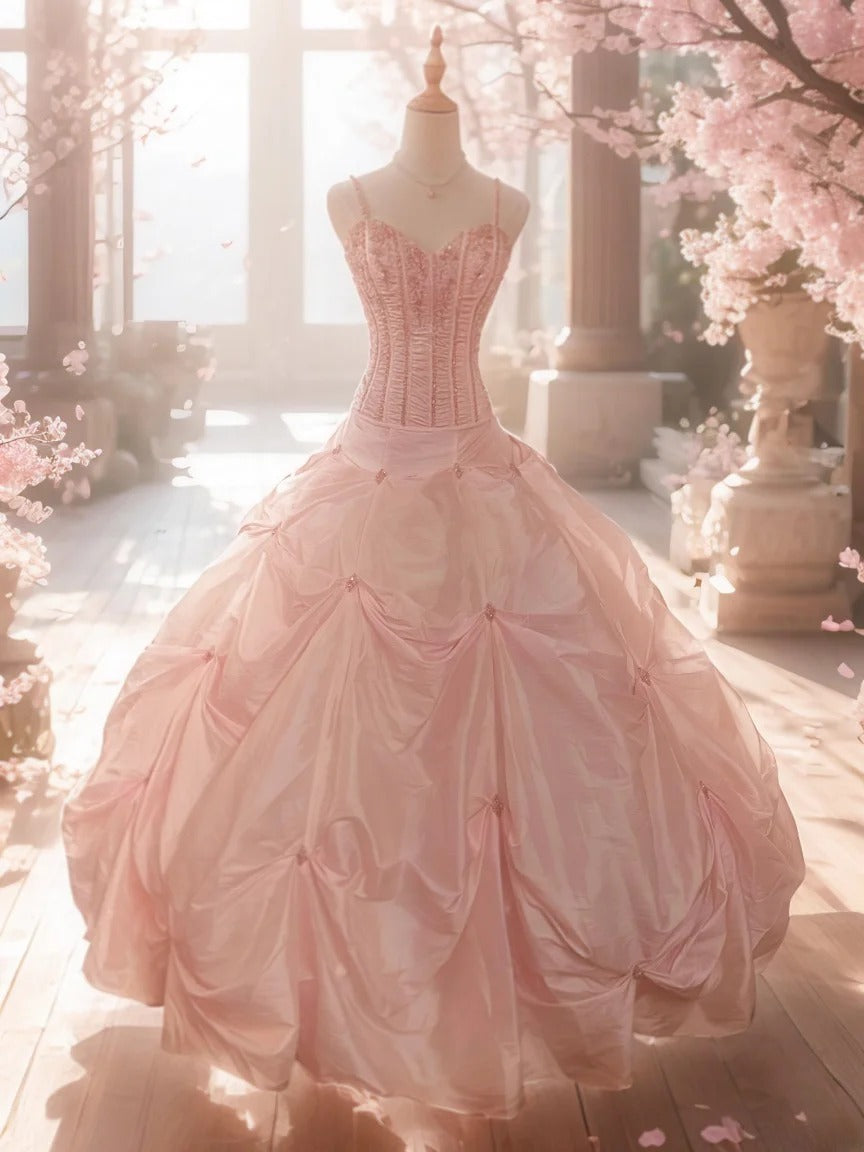 Robe de bal modeste, bretelles fines, rose poudré avec perles, sans manches, longue, pour Robe de bal douce 16 ans, Dix-sept, Robe de Quinceañera RB3573