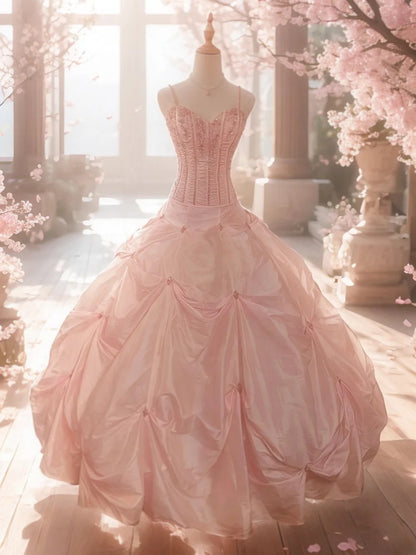 Robe de bal modeste, bretelles fines, rose poudré avec perles, sans manches, longue, pour Robe de bal douce 16 ans, Dix-sept, Robe de Quinceañera RB3573