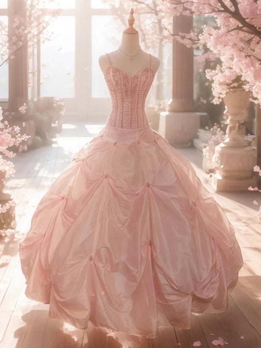 Bescheidenes Ballkleid Spaghettiträger Erröten Pink mit Perlenbesatz Ärmellos Lang Sweet 16 Kleider Siebzehn Quince Kleid RB3573