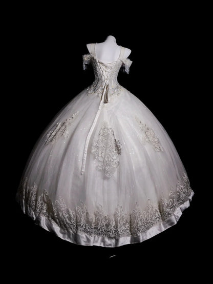 Vintage Wedding Dress Ball Gown Off Shoulder Tulle Lace White With Sleeves Bridal Gown for Big Day RB9911