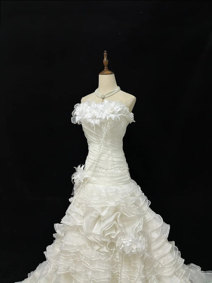 Vintage Mermaid Strapless Cream Ivory With Tiered Layers Long Brides Gown Bridal Dress Wedding Dresses Style RB7485