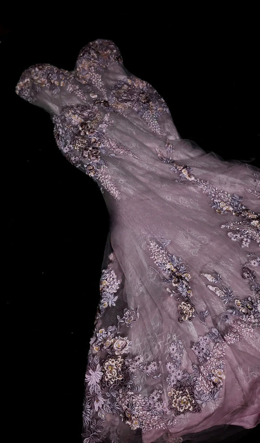 Fliederfarbenes Abschlussballkleid Inspo Meerjungfrau-Schnitt Herzausschnitt mit Applikationen Dezent Langes formelles Partykleid RB9912