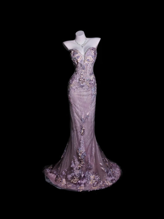 Fliederfarbenes Abschlussballkleid Inspo Meerjungfrau-Schnitt Herzausschnitt mit Applikationen Dezent Langes formelles Partykleid RB9912
