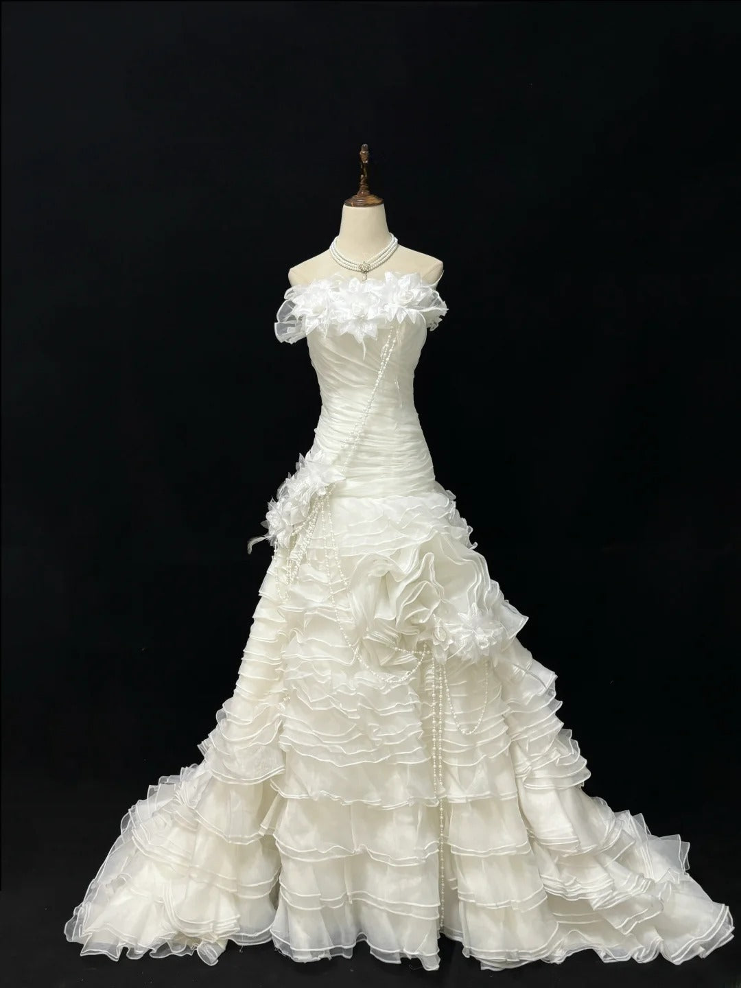 Vintage Mermaid Strapless Cream Ivory With Tiered Layers Long Brides Gown Bridal Dress Wedding Dresses Style RB7485
