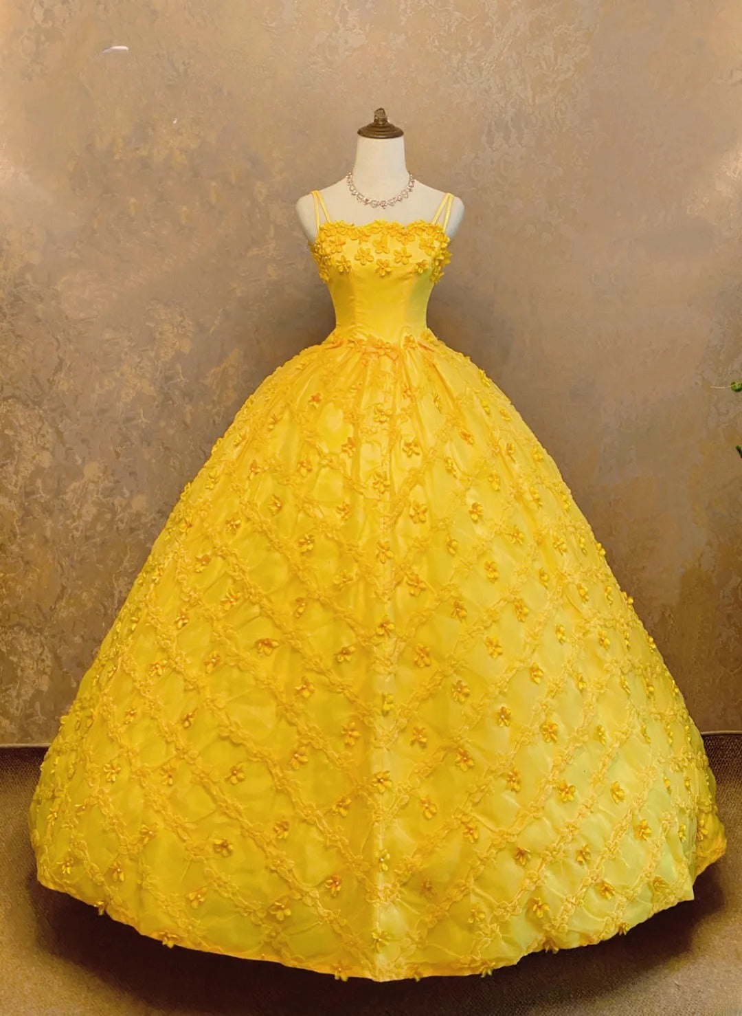 Quinceanera Dress Floral Yellow Floor Length Ball Gown Spaghetti Straps Sweet 15 15th Birthday Gown RB9082