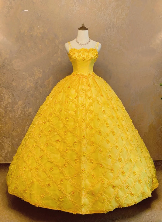 Quinceanera Dress Floral Yellow Floor Length Ball Gown Spaghetti Straps Sweet 15 15th Birthday Gown RB9082