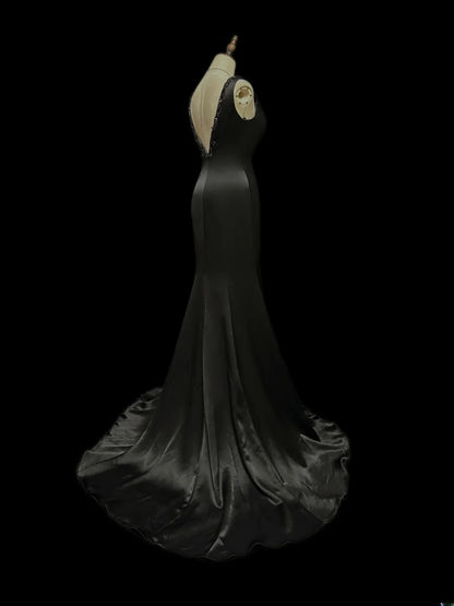 Vintage 60s Prom Dresses Mermaid V Neckline Black Satin With Beading Sleeveless Prom Evening Dress Formal Outfits RB5926