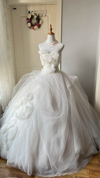Princess Wedding Dress Ball Gown Sweetheart Tulle White With Flowers Floor Length Bridal Gown RC0482
