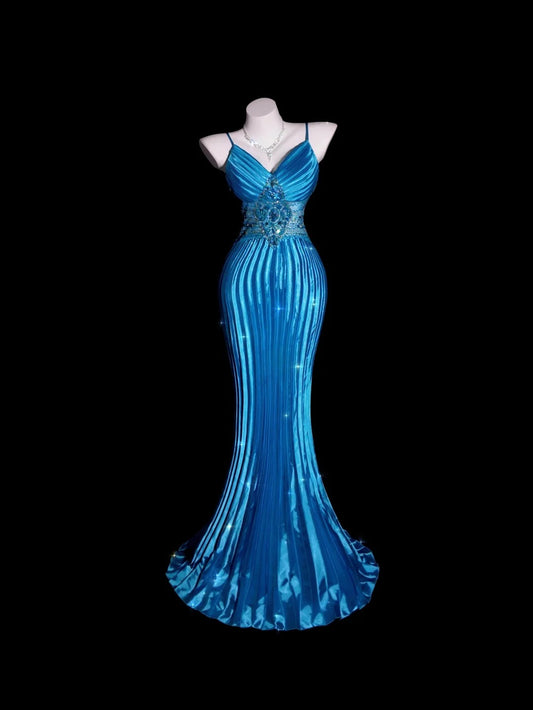 Blaues Abschlussballkleid Inspo Meerjungfrau Spaghettiträger mit Perlenbesatz Satin Dezent Langes formelles Partykleid RB9913