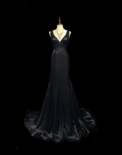 Vintage 60s Prom Dresses Mermaid V Neckline Black Satin With Beading Sleeveless Prom Evening Dress Formal Outfits RB5926