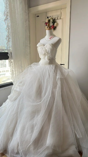 Princess Wedding Dress Ball Gown Sweetheart Tulle White With Flowers Floor Length Bridal Gown RC0482