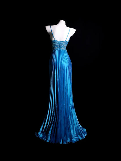 Blue Prom Dress Inspo Mermaid Spaghetti Straps With Beading Satin Modest Long Formal Party Gown RB9913
