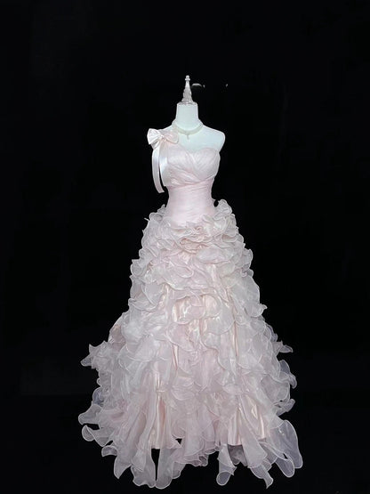 Vintage Mermaid One Shoulder Pink With Tiered Layers Prom Dress Formal Outfits Party Dresses RB7487