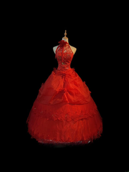 Bescheidenes Ballkleid Neckholder Rot Tüll mit Perlenärmeln Lang Sweet 16 Kleider Seventeen Quinceanera Kleid RB3575