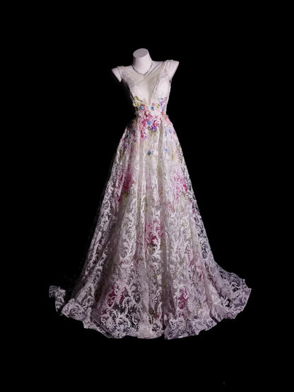 Pink Prom Dress Ball Gown V Neck Tulle With Appliques Flowers Modest Formal Party Gown RB9914