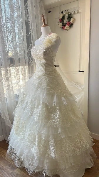 Modest Sweet 16 Dress Long One Shoulder Yellow Tulle With Tiered Layers Ball Gown Sweet Sixteen Party Birthday Dresses RC0483