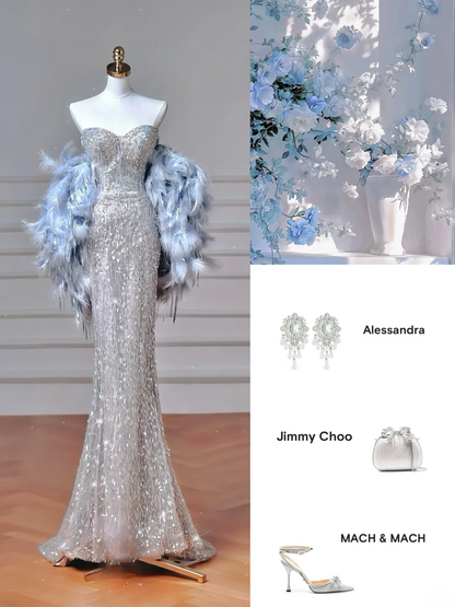 Robe de soirée longue élégante à sequins gris argenté, décolleté cœur, style sirène, AQ117