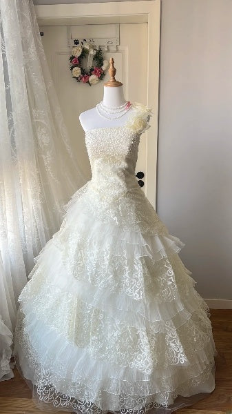 Modest Sweet 16 Dress Long One Shoulder Yellow Tulle With Tiered Layers Ball Gown Sweet Sixteen Party Birthday Dresses RC0483