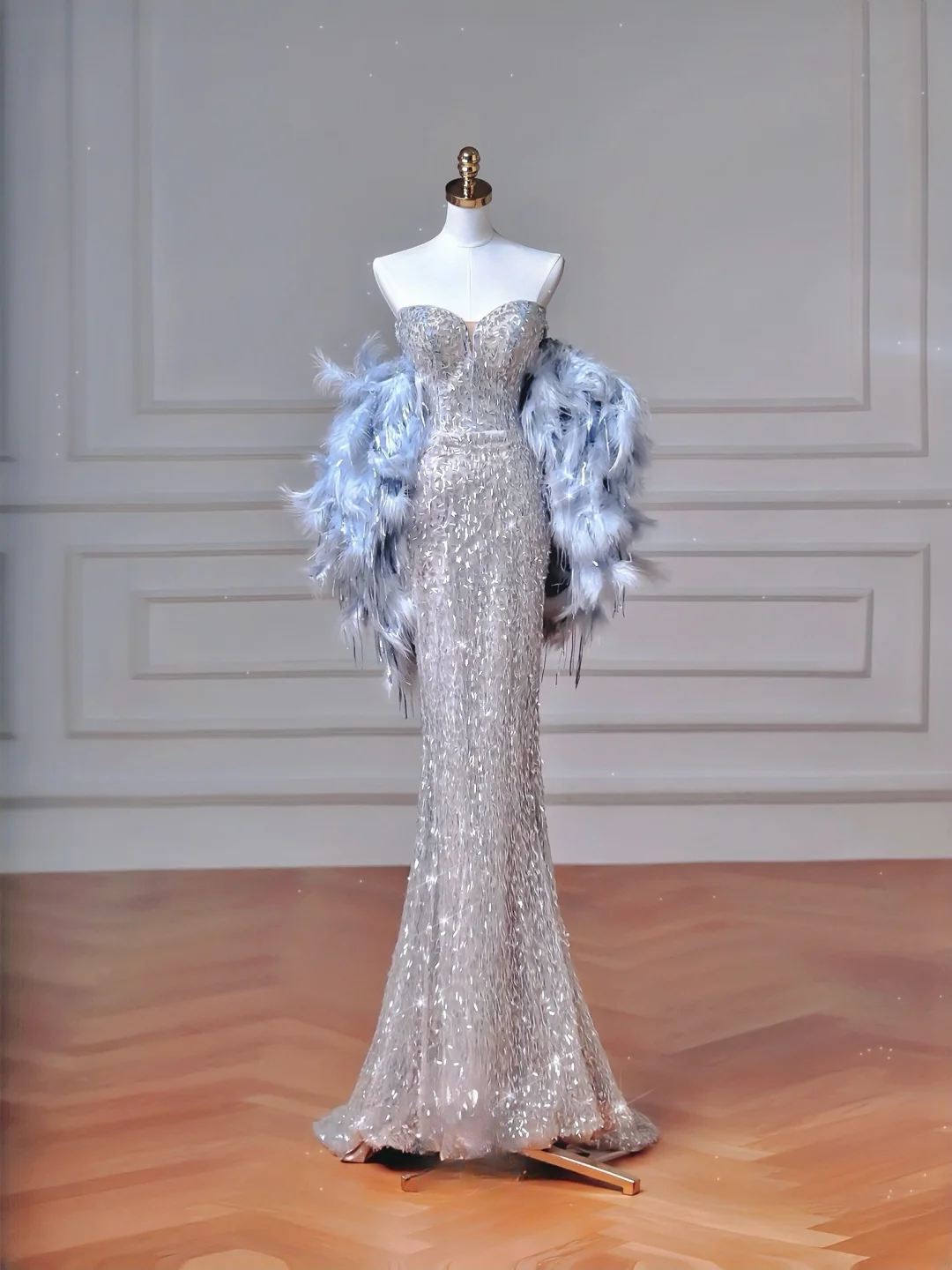 Robe de soirée longue élégante à sequins gris argenté, décolleté cœur, style sirène, AQ117