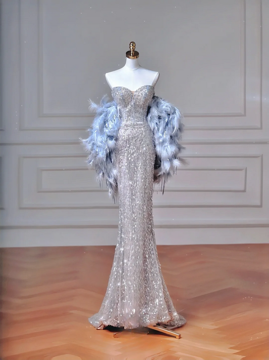 Elegantes, langes Meerjungfrauen-Abendkleid mit Pailletten in Silbergrau und Herzausschnitt, perfekt für festliche Anlässe wie Abschlussball, Dinnerpartys und andere festliche Anlässe (AQ117)