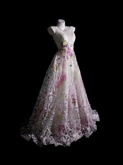 Pink Prom Dress Ball Gown V Neck Tulle With Appliques Flowers Modest Formal Party Gown RB9914