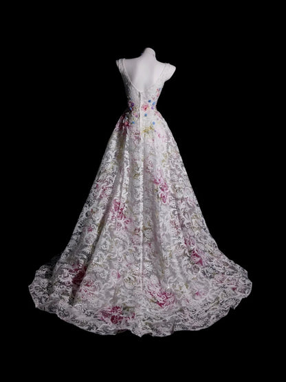 Pink Prom Dress Ball Gown V Neck Tulle With Appliques Flowers Modest Formal Party Gown RB9914