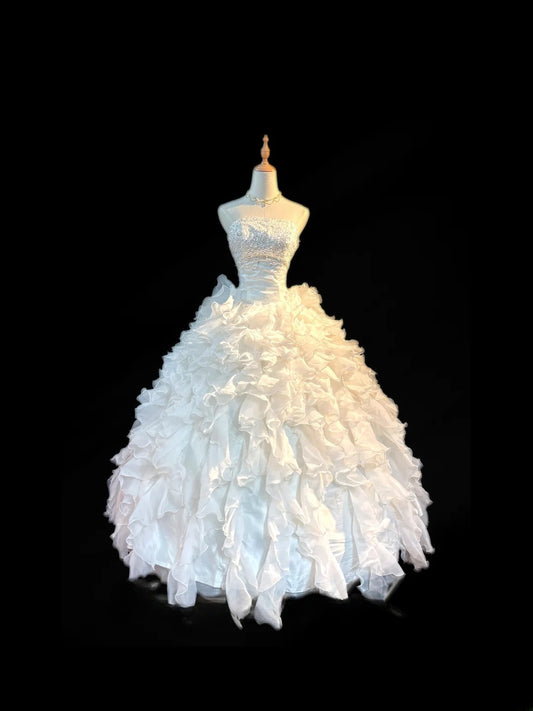 Classy Ball Gown Strapless White Tulle With Ruffled Tiered Layers Brides Gown Bridal Dress Long Poofy Wedding Dresses RB5786