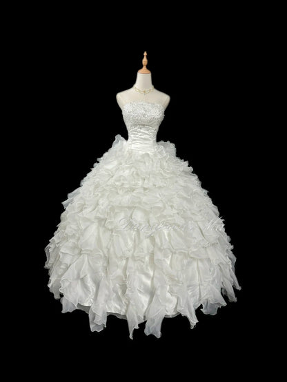Classy Ball Gown Strapless White Tulle With Ruffled Tiered Layers Brides Gown Bridal Dress Long Poofy Wedding Dresses RB5786