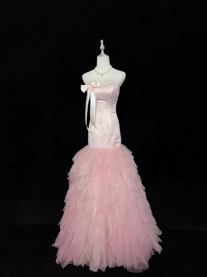 Vintage Mermaid Sweetheart Tulle Pink With Tiered Layers Prom Dress Formal Outfits Party Dresses RB7488