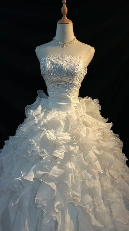 Classy Ball Gown Strapless White Tulle With Ruffled Tiered Layers Brides Gown Bridal Dress Long Poofy Wedding Dresses RB5786