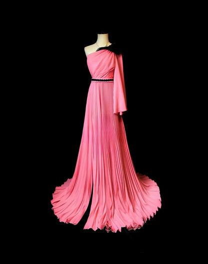 Vintage 70s Prom Dresses A line One Shoulder Pink Chiffon With Slit Long Party Dress Formal Outfits RB5928