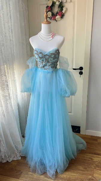 A-Linien Abschlussballkleid Herz-Ausschnitt Blau mit Perlenstickerei Festliches Abendkleid für Damen RC0485