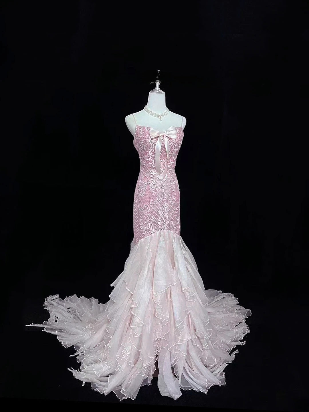 Vintage Mermaid Spaghetti Straps Chiffon Pink With Tiered Layers Lace Prom Dress Formal Outfits Party Dresses RB7489