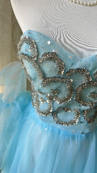 A-Linien Abschlussballkleid Herz-Ausschnitt Blau mit Perlenstickerei Festliches Abendkleid für Damen RC0485