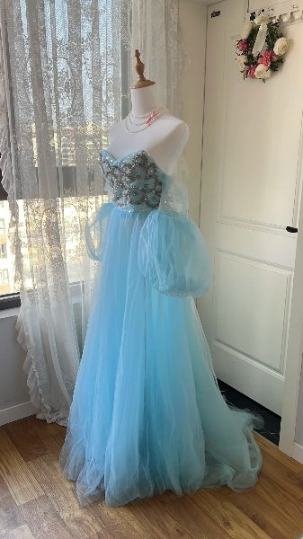 A-Linien Abschlussballkleid Herz-Ausschnitt Blau mit Perlenstickerei Festliches Abendkleid für Damen RC0485
