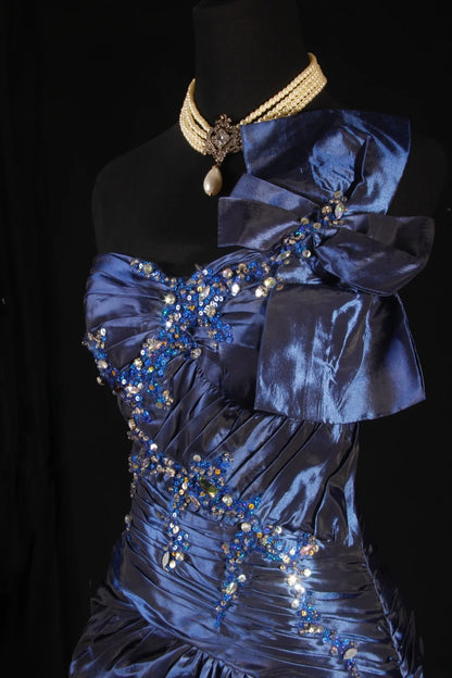 Retro Vintage 1960s Formal A line One Shoulder Fashion Navy Blue Satin With Beads Sleeveless Long Prom Dresses Party Formal Gowns AS120
