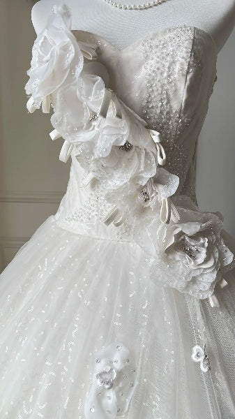 Modest Sweet 16 Dress Long Sweetheart White Tulle With 3D Flowers Ball Gown Sweet Sixteen Party Birthday Dresses RC0486