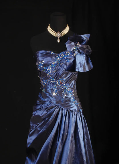 Retro Vintage 1960s Formal A line One Shoulder Fashion Navy Blue Satin With Beads Sleeveless Long Prom Dresses Party Formal Gowns AS120