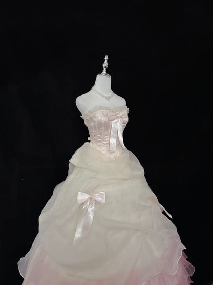 Princess Ball Gown Strapless Pink With Bow Quince Dress Voluminous Sweet 16 Sweet Sixteen Outfits Vestido de 15 RB7490