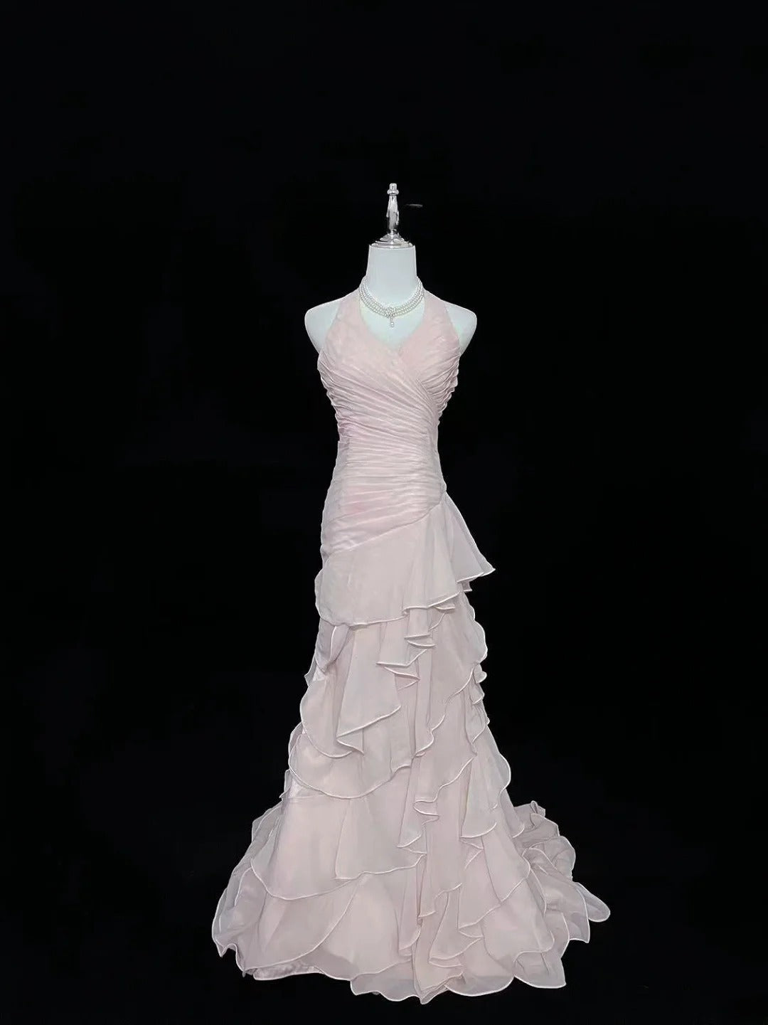 Vintage Mermaid Halter Chiffon Pink With Tiered Layers Long Prom Dress Formal Outfits Party Dresses RB7491