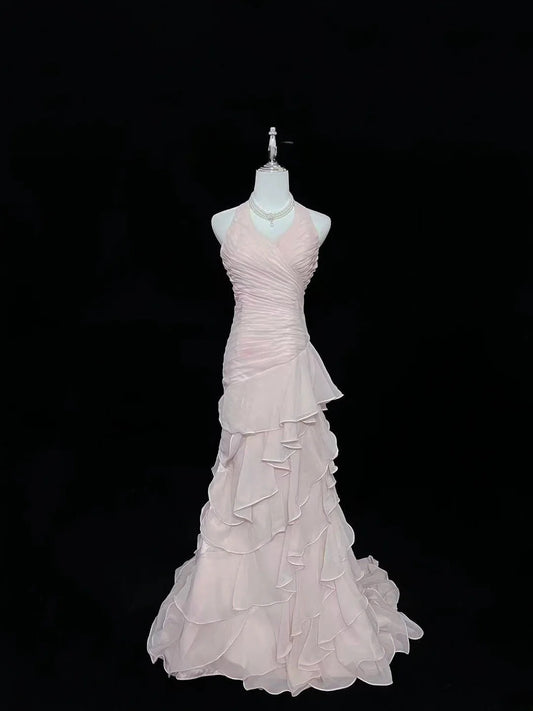 Vintage Mermaid Halter Chiffon Pink With Tiered Layers Long Prom Dress Formal Outfits Party Dresses RB7491