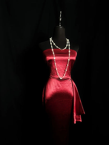 Simple Prom Dresses Mermaid Strapless Burgundy With Ruffled Long Party Dress Formal Outfits RB5931