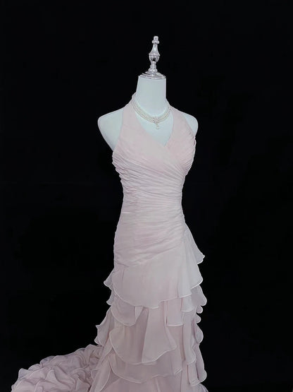 Vintage Mermaid Halter Chiffon Pink With Tiered Layers Long Prom Dress Formal Outfits Party Dresses RB7491
