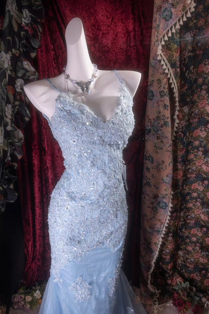 Elegant Mermaid Spaghetti Straps Blue With Appliqued Long Prom Dresses Formal Outfit Evening Night Dress RB8134
