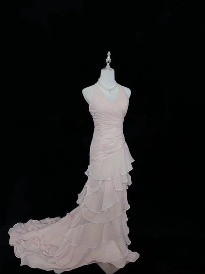 Vintage Mermaid Halter Chiffon Pink With Tiered Layers Long Prom Dress Formal Outfits Party Dresses RB7491
