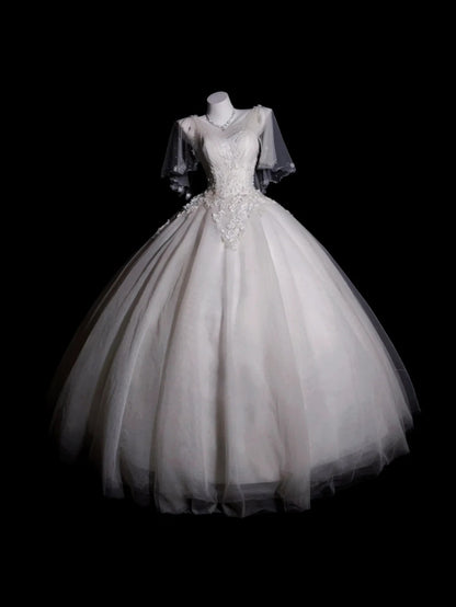 Vintage Wedding Dress Ball Gown V Neck Tulle Appliques White With Sleeves Bridal Gown for Big Day RB9919
