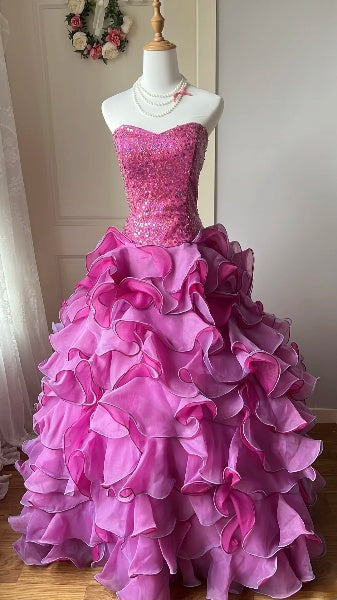 Sweet 15 Quinceanera Dress Ball Gown Sweetheart Fuchsia With Layers Long 15th Birthday Gown RC0488