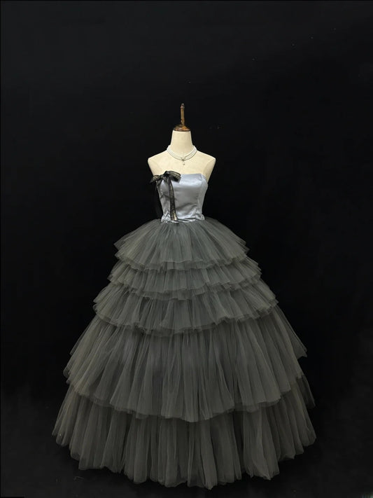 Prinzessinnen-Ballkleid trägerlos grau mit Schleife Quince-Kleid voluminös Sweet 16 Sweet Sixteen Outfits Vestido de 15 RB7492